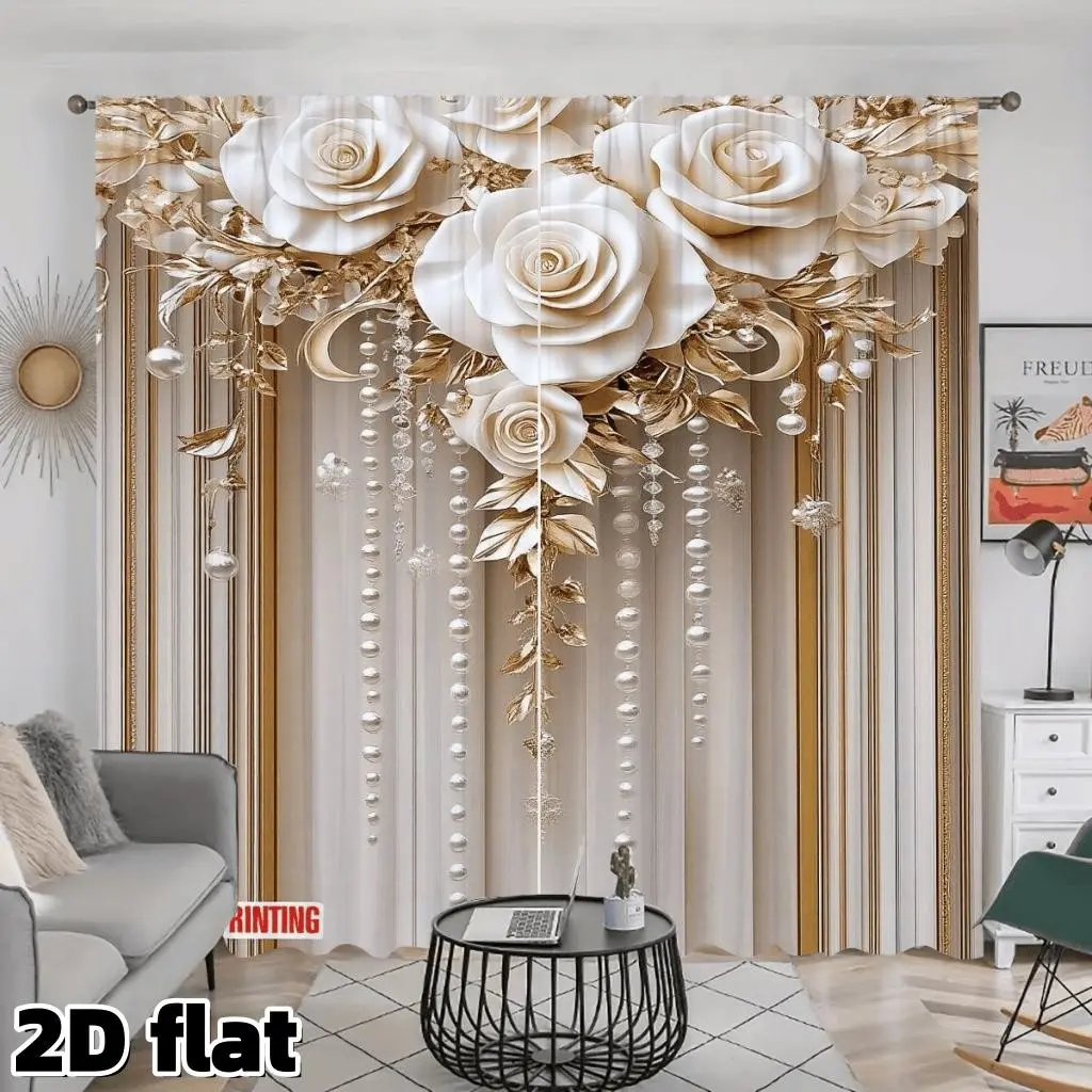 Luxury Rose Pearl Curtains Set, Elegant Gold Leaf Pattern, High-Definition Digital Print, Fade Resistant, Easy Care, Modern Style, Window Drapes, Room Decor Curtain, Home Decorative Curtain, Home Decoration Curtain, Polyester Curtain