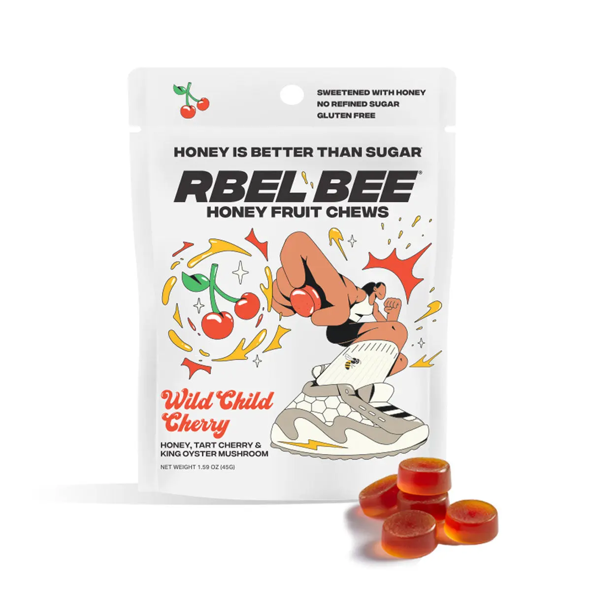 RBEL Bee Wild Child Cherry Honey Fruit Chews - 2 Oz Sour Cherry & Blue Oyster Mushroom Snack - Sweetened with Honey, No Refined Sugar, Gluten Free
