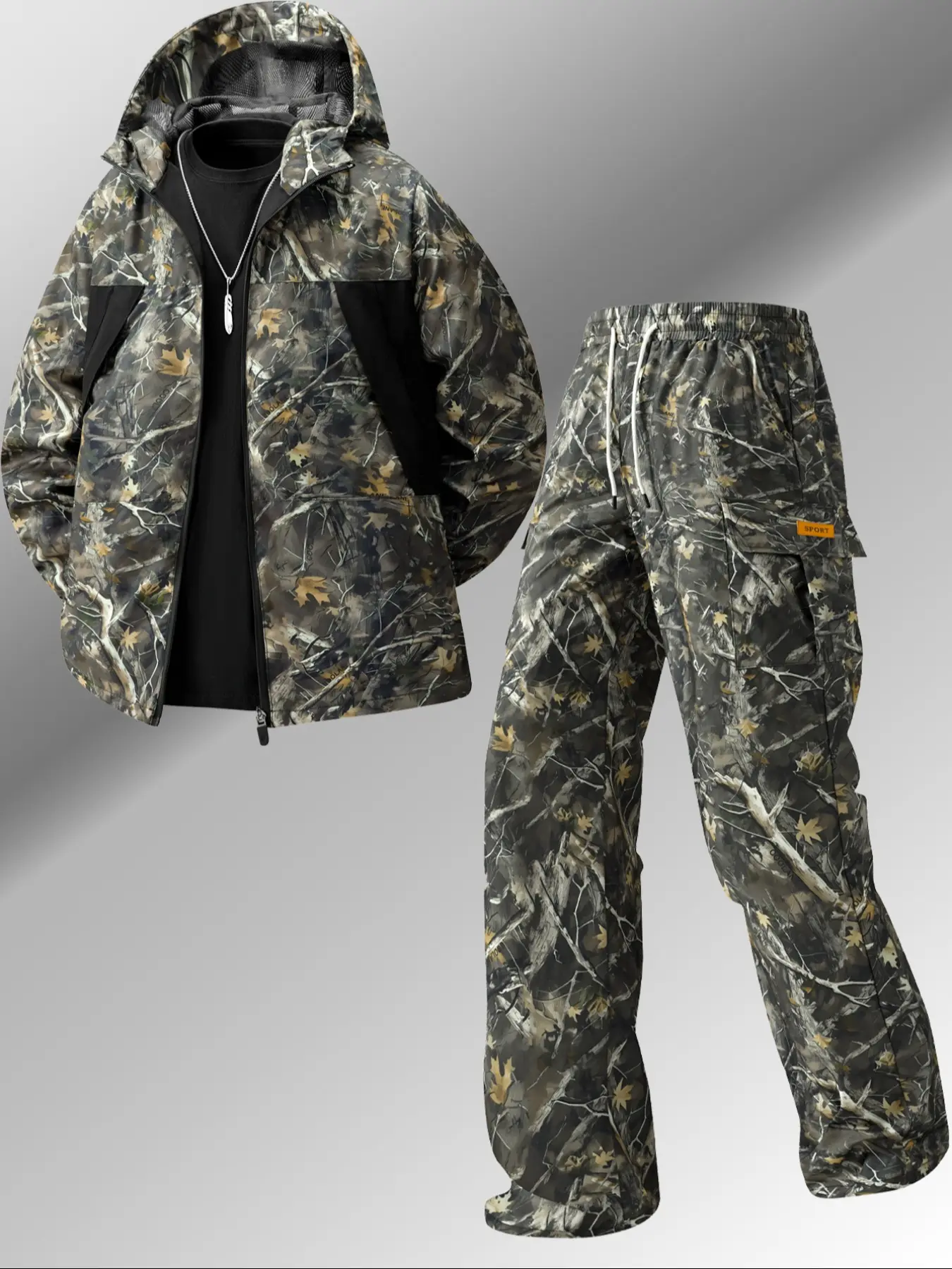 Men's Fall Winter Camo Outdoor Sports Casual Set, Two-Piece Long Sleeve Fitted Top & Bottoms, Regular Length, Perfect for Daily Wear, Menswear, Casual Outdoor Activewear, Casual Sportswear Set, Sport Casual Outfit