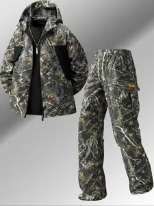 Men's Fall Winter Camo Outdoor Casual Set, Two-Piece Long Sleeve Fitted Top & Bottoms, Regular Length, Perfect for Daily Wear, Camouflage