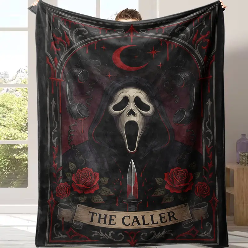 Ghostface The Caller Red Rose Fleece Throw Blanket - Scream Horror Movie Gothic Crescent Knife Art, Warm Halloween Room Decor, Office-to-Sofa Bedding, Kid-Friendly Gift, Decorative Throw Adds Instant Drama