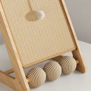 All-in-One Cat Scratcher Toy: Natural Wood Frame with Sisal Scratch Pad, Spinning Balls & Hanging Ball, Keeps Cats Entertained & Away From Your Couch