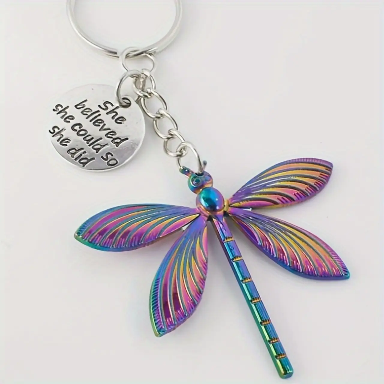 Colorful Quenched Dragonfly Charm Keychain - Animal Motif, Chain-Attached, Decorative Chain, EDC Fashion Costume Jewelry for Enthusiasts, Car Keychain with Inspirational Quote Charm, Animal Motif Keychains, Chain-Attached Keychains