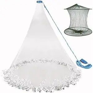 OUTDOOR Heavy Duty Fishing Net with Zinc Sinker 3/8 Inch Mesh, 3-10 Ft Radius, Ideal for Freshwater & Saltwater Fishing, Shrimp Cage Bait Trap