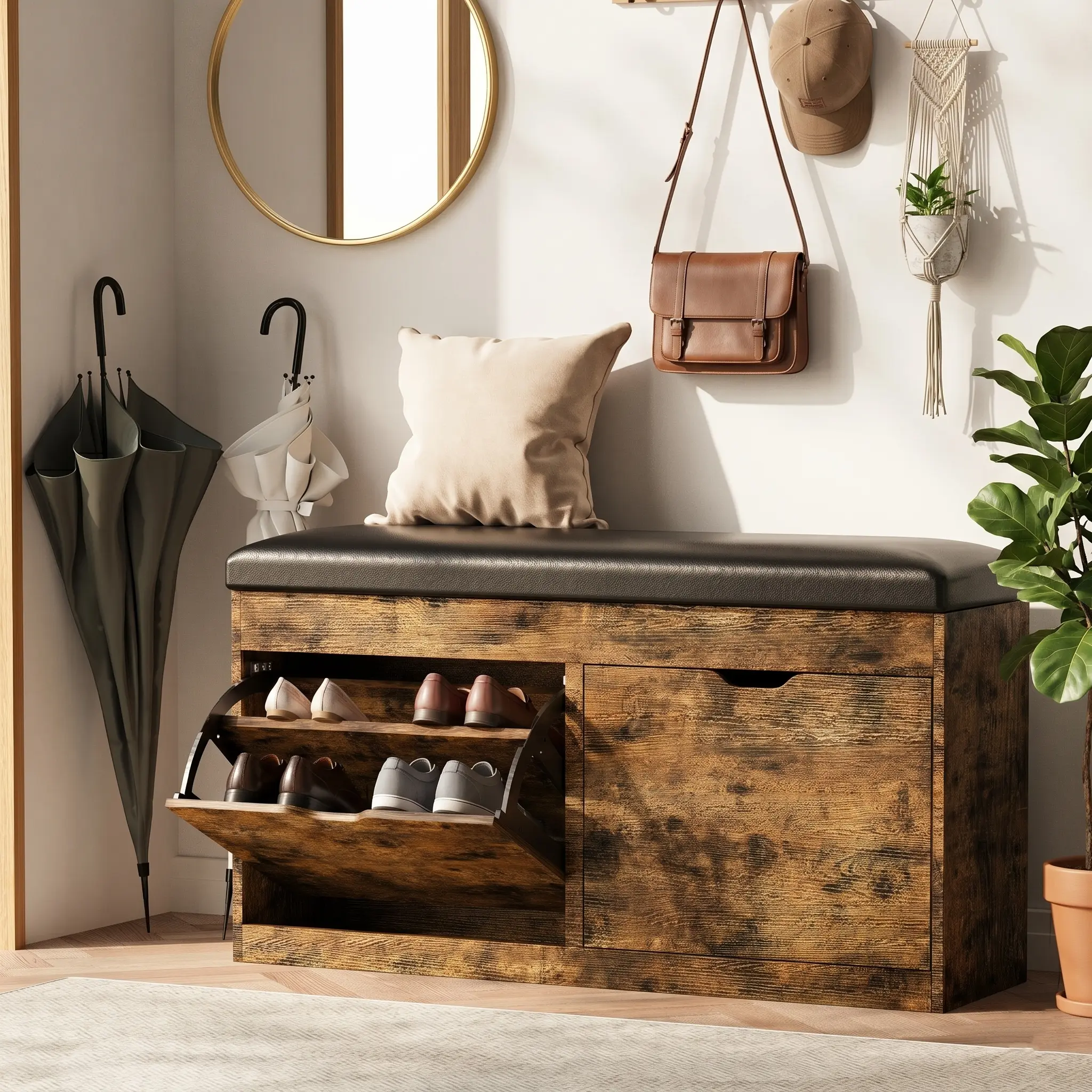 Shoe Storage Bench with Lift Top, 2 Flip Drawers & Padded Seat Cushion - Entryway, Hallway, Living Room Shoe Organizer Cabinet Vintage Brown