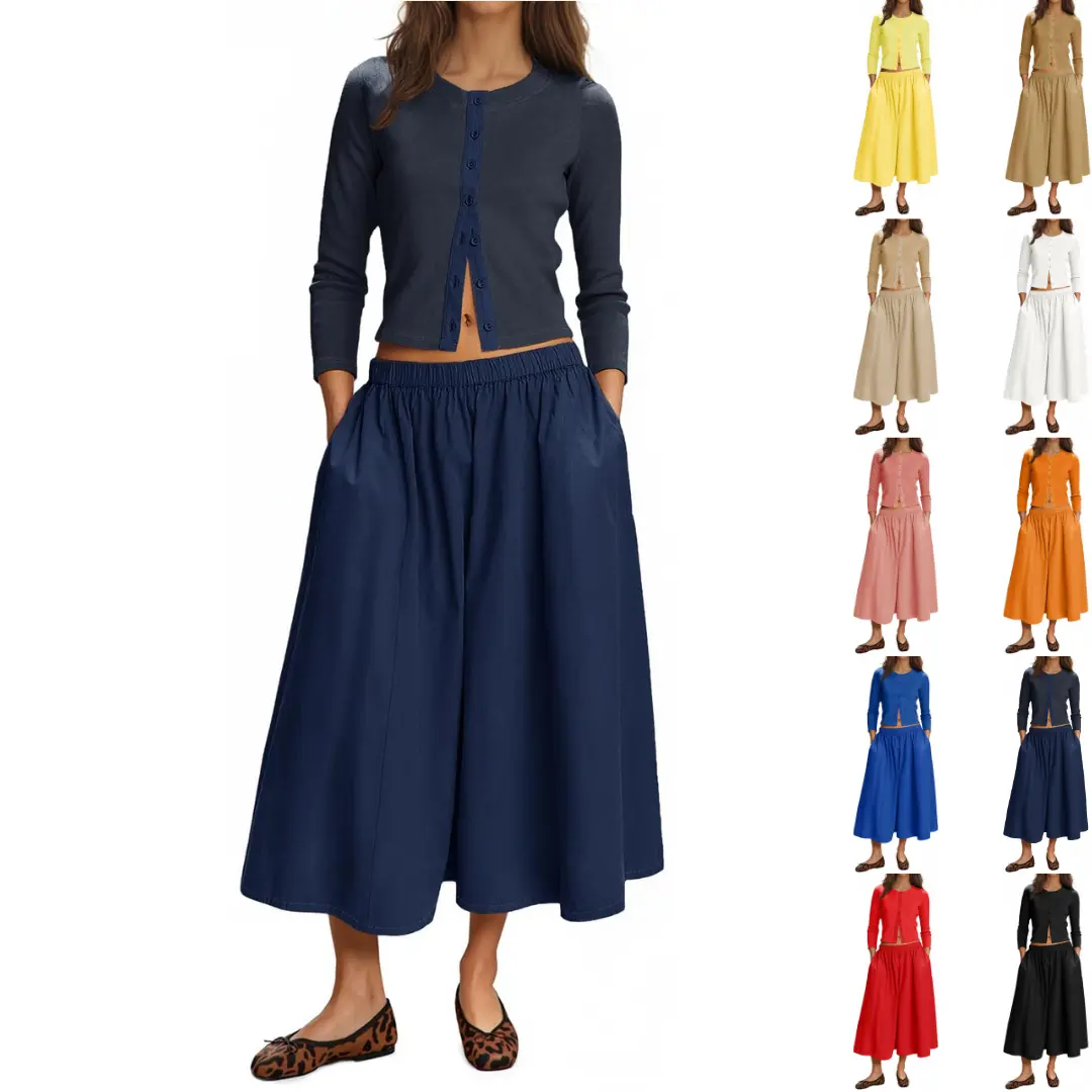 Imily Bela  Womens 2 Piece Skirt Sets 3/4 Sleeve Knit Cardigan Elastic Waist Midi Skirt Outfits Casual Matching Dress Set