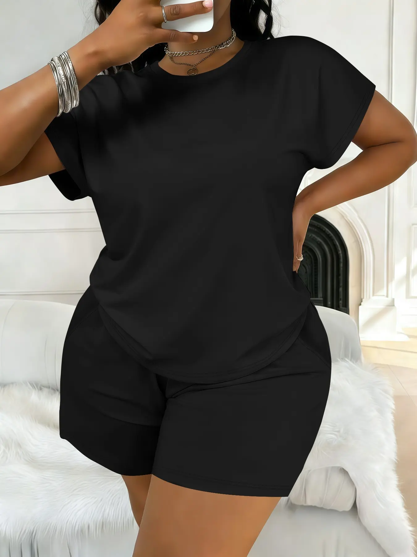 Women's Plus Size Casual Minimalist Plain Short-Sleeve Top and Shorts Set, Spring-Summer Womenswear Clothes with Loose Fit Comfort, All-Season Fashion