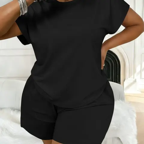 Women's Plus Size Casual Basic Minimalist Plain Short-Sleeve Top and Shorts Set, Spring-Summer Womenswear with Loose Fit Comfort, All-Season Fashion