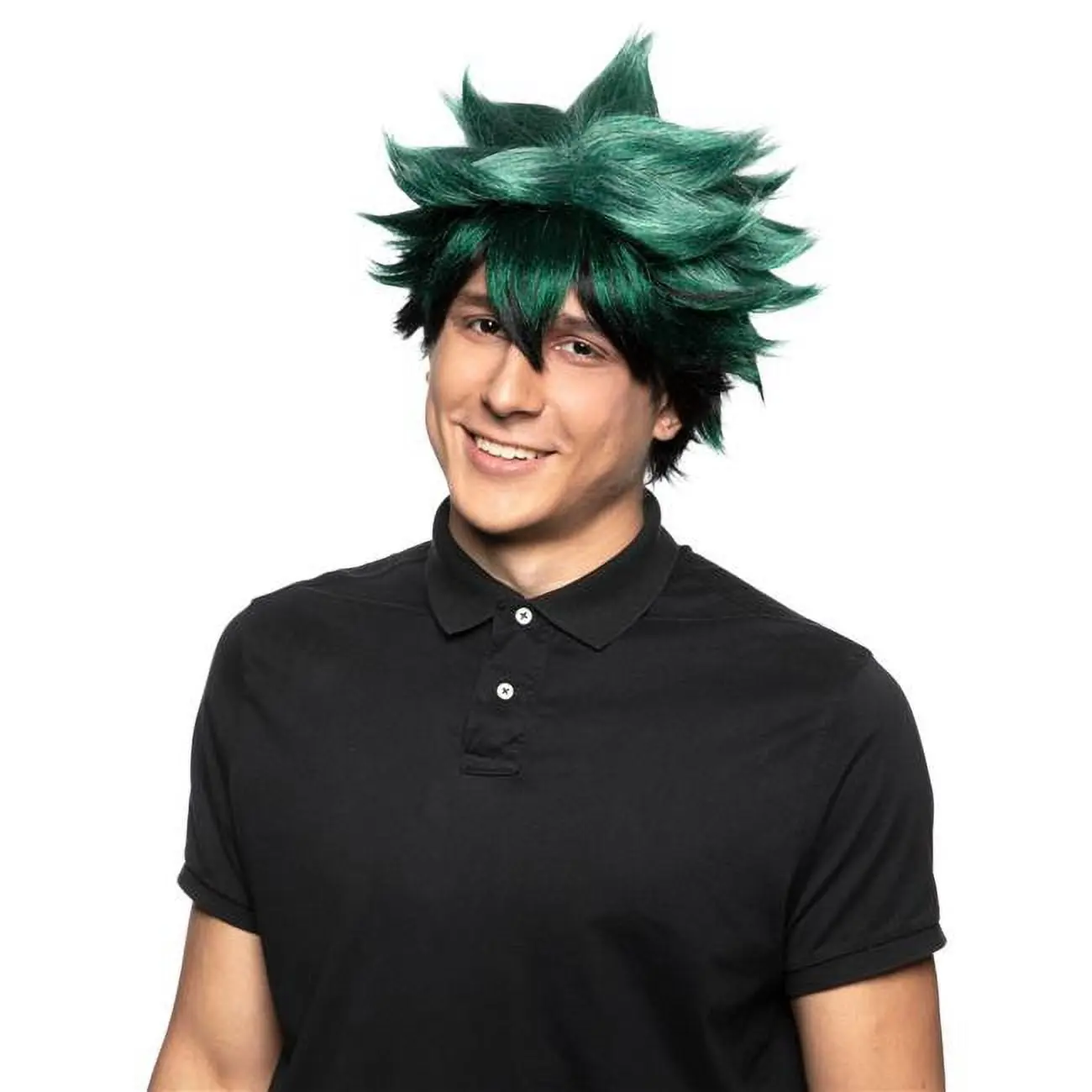 212 MAIN Synthetic Fiber Costume Wig - Anime-Inspired My Hero Academia Izuku Midoriya Deku Spiky Black & Green Hairpiece, Average Cap Size, Synthetic Fiber Wig
