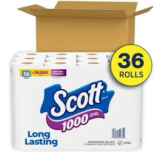 Scott 1000 Toilet Paper 36 Rolls 1000 Sheets Long Lasting Clog-Free FSC Certified Sustainable Kitchen Wipes Essential for Home Use