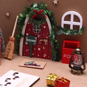 Fairy Dollhouse Door Decor with Wreath Tree Ladder Lamp Fence Non-Electric Winter Scene with Snow Mat Welcome Sign, Perfect Gift