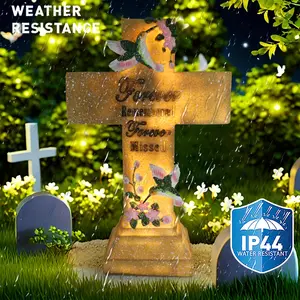 Solar- Outdoor Cross Light with Solar Panel - Self-Lit Resin Memorial Lamp for Garden, Pet Tombstone Marker, Lawn & Cemetery Decoration, Durable (No Wiring/ Needed) - Easy Assembly
