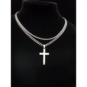 Cross Pendant & Cuban Chain Necklace Set for Men & Women, Cross Necklaces, Cuban Link Necklace, Stainless Steel Jewelry for Party, Daily Clothing Decor, Trendy All-match, Modern Versatile Accessories & Exquisite Jewelry for Birthday Gift  Silver