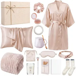 Twistover 16-Pc Women's Self Care Spa Gift Set - Robe, Blanket, Scented Candle, Mug, Notebook, Pen, Pillowcase, Socks, Eye Accessory, Plastic Bracelet, Card, Box - Mother's Day & Women's Gifts (Champagne)