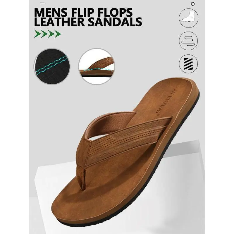 Men's leather flip flops, stylish and comfortable non-slip design slippers, suitable for daily outdoor and beach wear, arch support, durable Shoe Boy Summer Dance Soft Footwear Nail Sandal Items Brown Usat0906-4