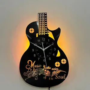 Guitar Wall Art Clock Silent Non-Ticking Vinyl Music Theme Decorative Color Changing, Plug-In/battery Operated Unique Gift for Musicians, Black