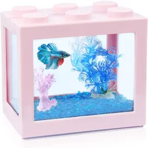 Small Betta Fish Tank, Stackable Mini Fish Tank Aquarium Tank Kit, 3/5 Gallon Rectangular Fish Bowl with Aquarium Gravel Decoration, Tiny Cube Tank for Seaweed Balls Sea Monkeys