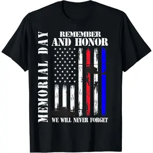 Streetwear Casual Shortsleeve Round Neck Cotton Graphic Tees  Memorial Day Remember Honor Never Forget Veteran USA Flag T-Shirt
