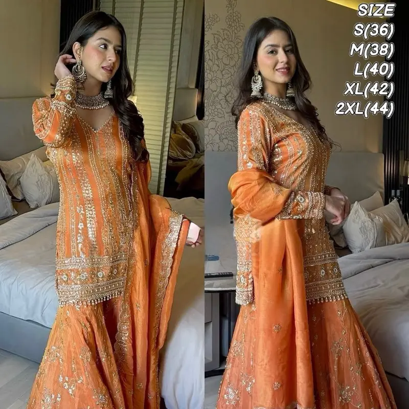 Orange Gharara Wedding Wear Ver Pretty and Simple with Size Options M38 L40 XL42 2XL44