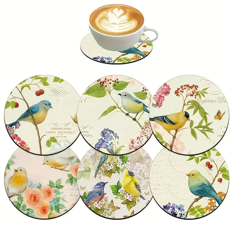 6-piece set of floral and bird illustration wooden coasters, Coasters for drinks, Tableware, heat-resistant, anti-slip decorative coasters, suitable for home, coffee shop, party decoration (without gift box)