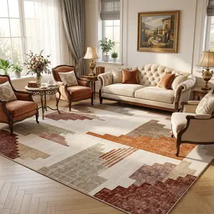 Living Room Area With Geometric Orange Pattern, Large Non-Slip Backing, Modern Washable Carpet for Bedroom, Dining Room, Home Office, 0utdoor Rug Home Decor Rug Durable Area Rugs