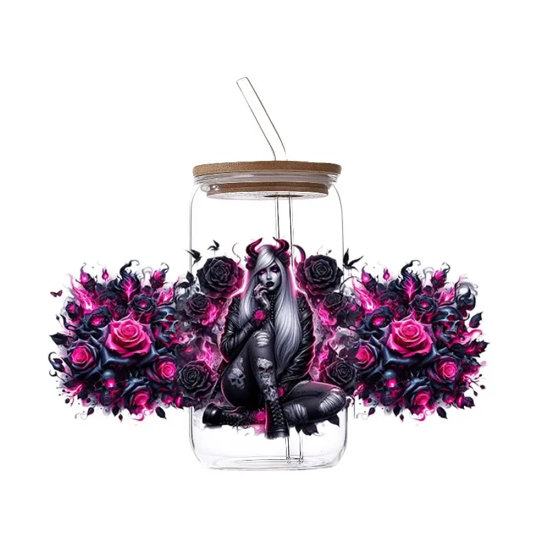 Gothic Pink Halloween UV DTF Decal Wraps for 16oz Libbey Glass Tumbler, Dark Skull Roses Cold Apply UV Transfers, Waterproof Gothic Girl Stickers