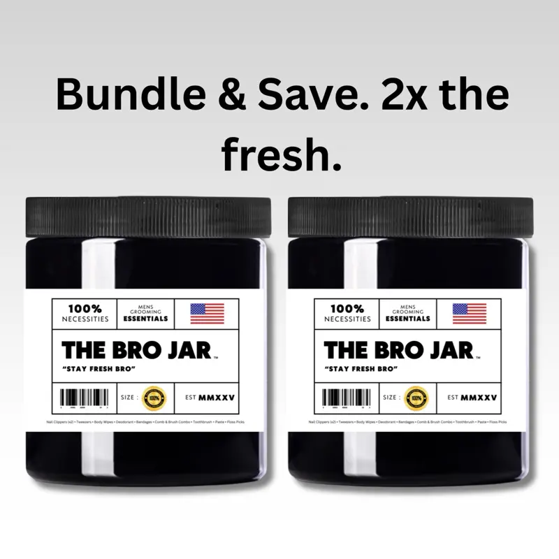 The Bro Jar 2-Pack Grooming Kit for Men - Includes Deodorant, Wipes, Toothbrush, Clippers, Comb & More - Dual Jar Bundle with 27 Daily Essentials