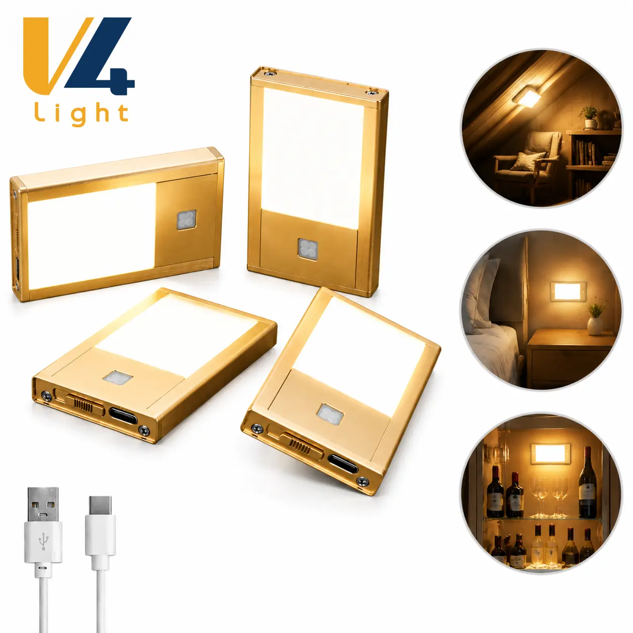 V4light 4-Pack Rechargeable USB-C Motion Sensor LED Cabinet Lights (Shenzhen VST Lighting Co.), Ultra Slim Compact Soft Gentle Tool-Free Magnetic Adhesive Mount Under Counter Night/Sensory Lights for Kitchen, Elderly Hallway, Night Light, Metal