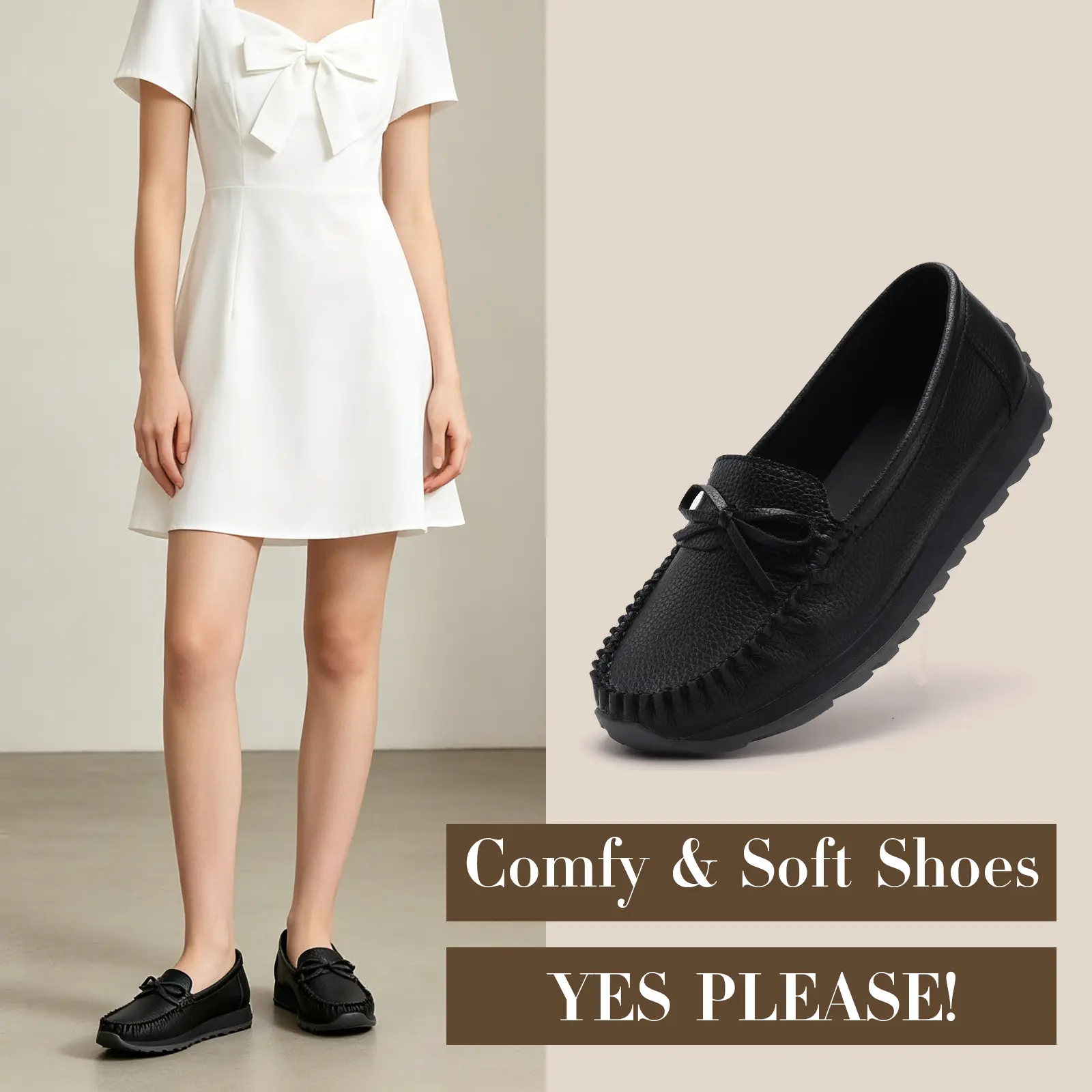 Women's Vintage Leather Slip-On Loafers - Minimalist Japanese Tabi Split-Toe Flats with Bow Accent, Ankle Plain Street Shoes, Anti-Slip Walking Shoes with Pig Skin Lining and Rubber Sole, Casual Flat Shoes