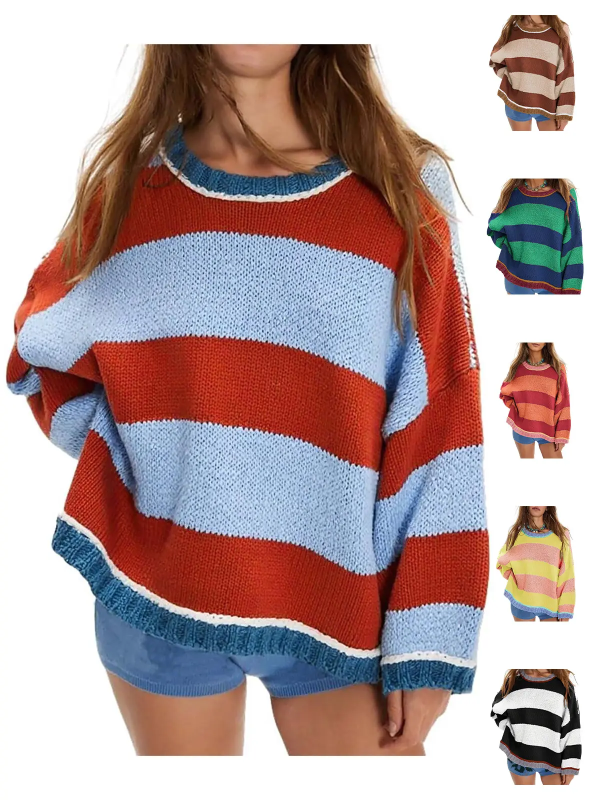 Women's Chunky Striped Knitting Oversized Pullover - Long-Sleeve Round Neck, Drop Shoulder, Lightweight Casual Tops for Fall Winter, Hand Wash Compatible Knitwear