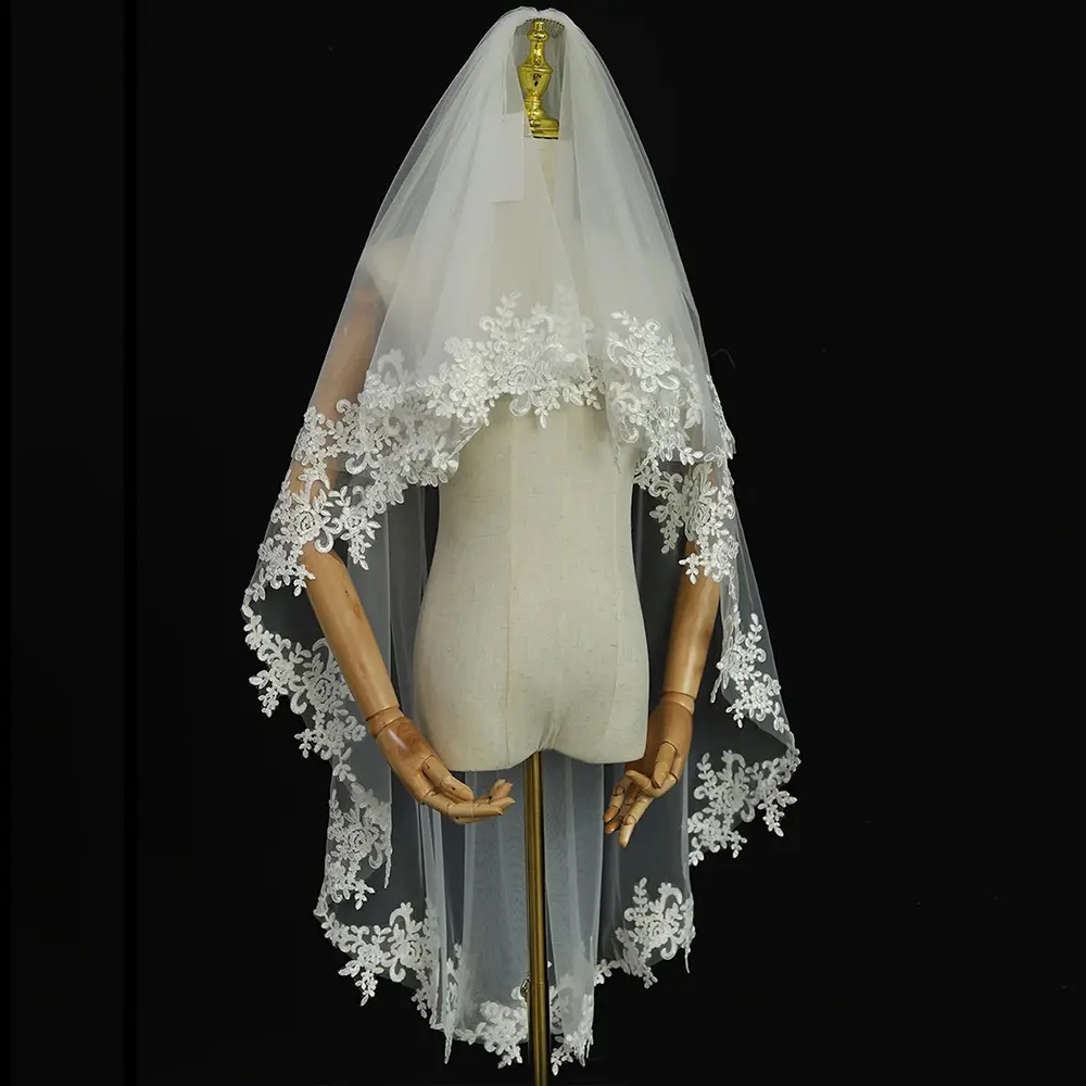 2 Tier Lace Applique Handmade Wedding Bridal Veil with Metal Comb for Brides
