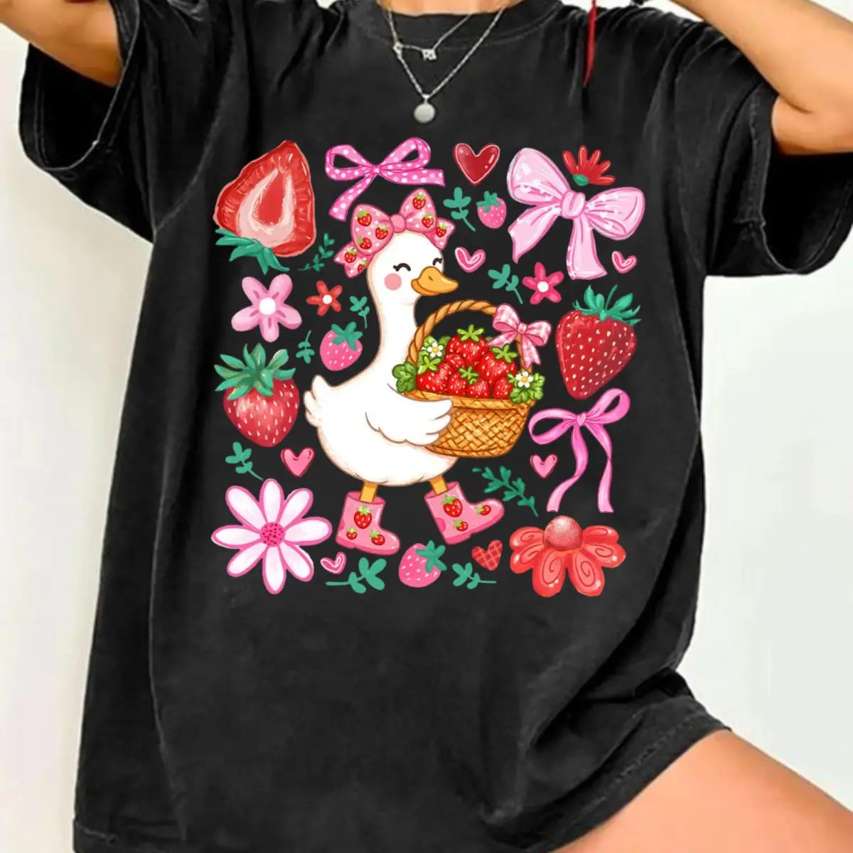 Cute Strawberry Goose  Shirt, Coquette Goose Tee, Summer Strawberry Graphic T-Shirt, Girly Shirt