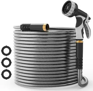 Stainless Steel Garden Hose 100ft, 25ft, Heavy-Duty Water Hose with 10 Function Nozzle, Puncture Proof, No-Tangle, No-Kink, Garden Hose for Yards, Car Washing & Outdoor Cleaning