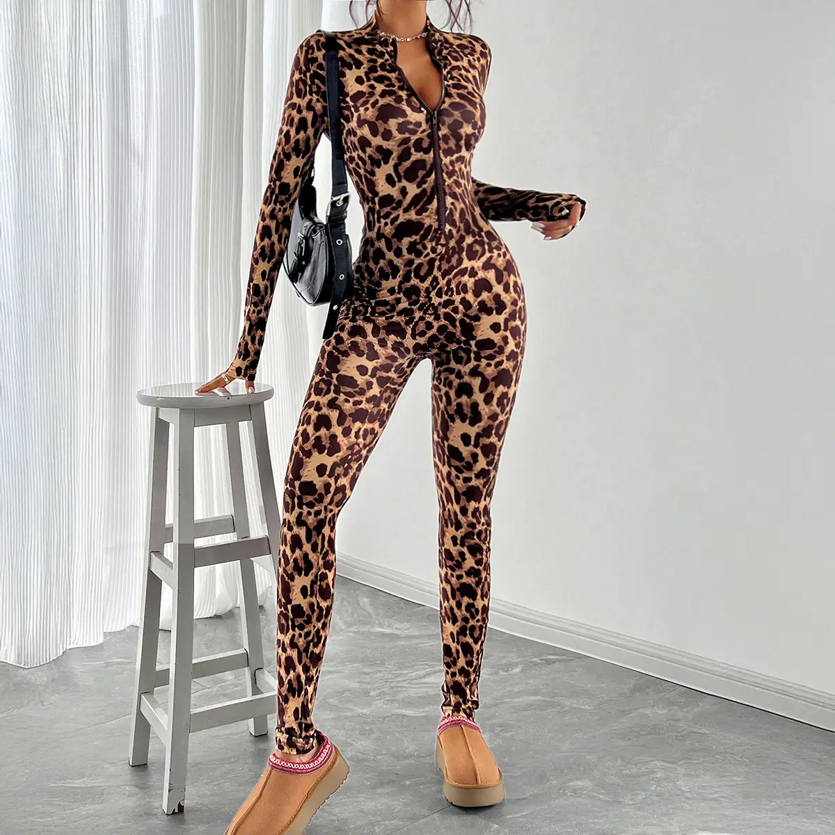 Women's Cheetah Print Turtleneck Jumpsuit, Long Sleeve Fitted Pull On Polyester Casual Loungewear, High Neck, Leopard campingessentials, Overalls, Fabric, Elastane, Polyester Blend, Lady, Bold Leopard Look, All Seasons, Sexy