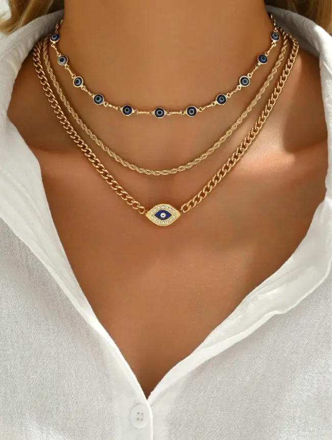 2pcs Evil Eye Pendant Chain Necklace Set Handmade Jewellery
