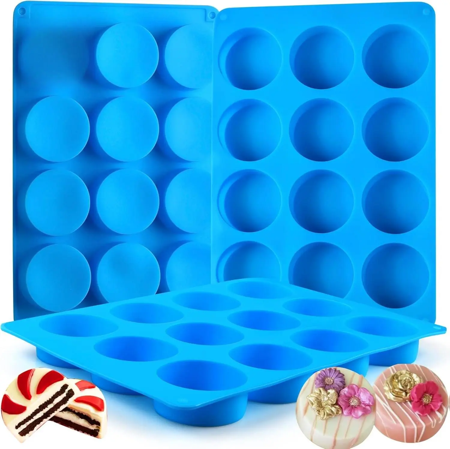 3Pcs Round Silicone Chocolate & Sweet Molds - 12-Cavity Cylinder Nonstick Flexible BPA-Free Non-Toxic Reusable Kitchen Bakeware for Candy, Mini Cakes, Easy to Clean Dishwasher Safe, Molds Chocolate & Sweet Moulds, Round Silicone Chocolate & Sweet Moulds