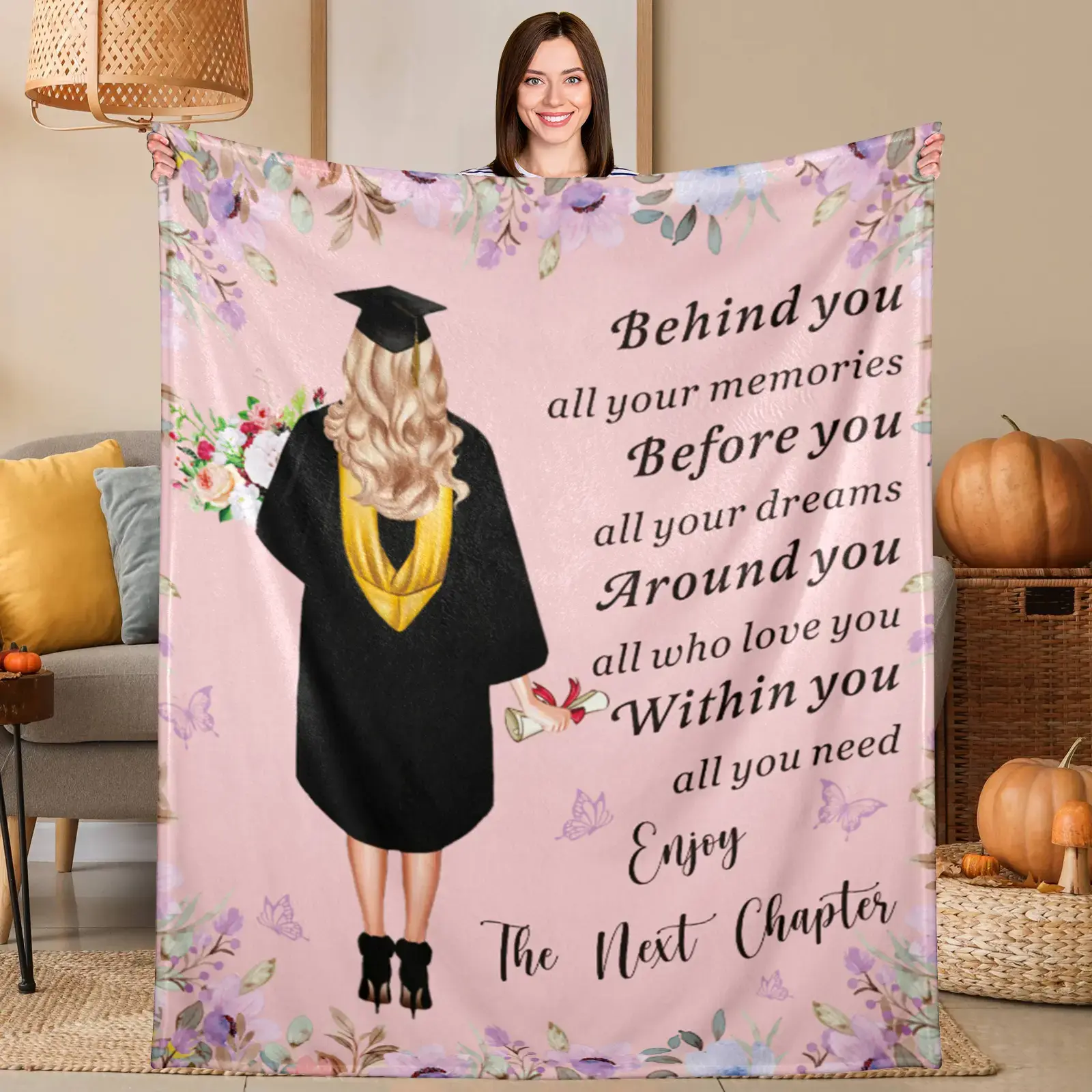 Class of 2026 Collegiate Design Flannel Throw Blanket - 280g Modern Polyester, Ultra-Soft, Fine-Fluffy, Inspirational Floral Detail, Personalized for Daughters, College Graduation Dorm Sofa Keepsake, All-Seasons, Machine Washable
