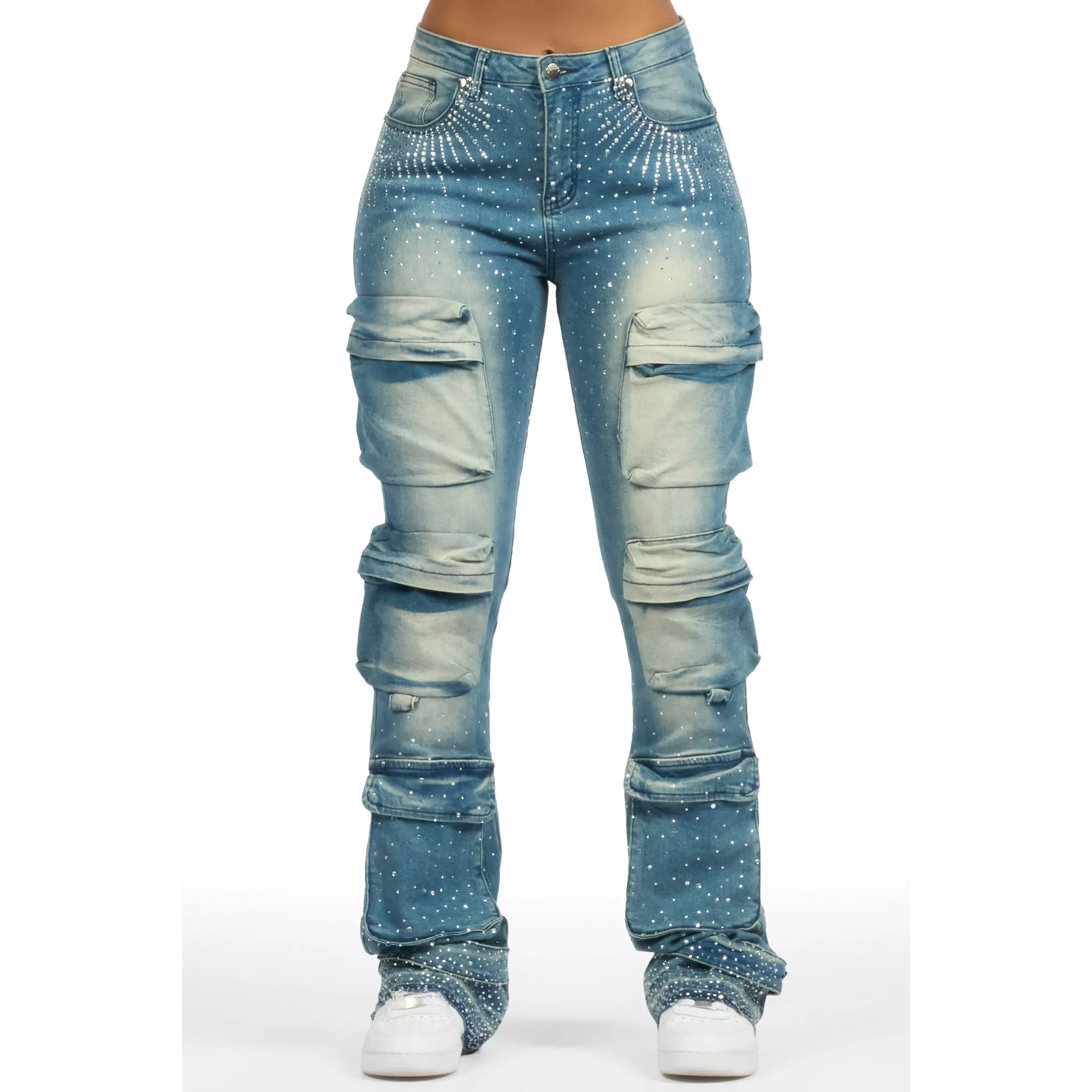 Ashela Med. Wash Rhinestone Stacked Jean