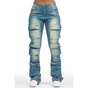 Ashela Med. Wash Rhinestone Stacked Jean Ashela Med. Wash Rhinestone Stacked Jean
