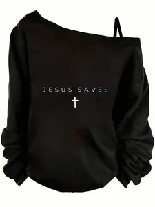 Womens Off-The-Shoulder Black Graphic Sweatshirt | Viral Edgy Aesthetic Jesus Saves Cross Print Outfit | Soft Fabric Casual Daily Streetwear | Trendy Lazy Girl OOTD | Comfy Loose Fit | Cool Religious-Inspired Design | Must-Have TikTok Fashion Top | Stylis