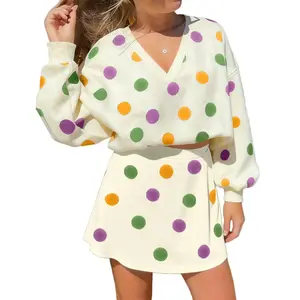 Polka Dot Print V Neck Pullover Mini Skort 2pcs Outfit