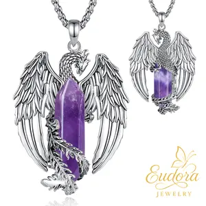 Eudora Crystal Phoenix Necklace, Bird of Rebirth Pendant, Amethyst, Obsidian, Turquoise Healing Amulet for Men & Women, Spiritual Jewelry for New Life