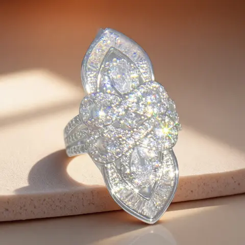 Exquisite Shiny Flower Cubic Zirconia Ring - Women's Bohemian Style Ring - Bridal Engagement Wedding Party Cocktail Statement Jewelry - Daily Casual Luxury Accessory Floral Rings Floral Ring Designs