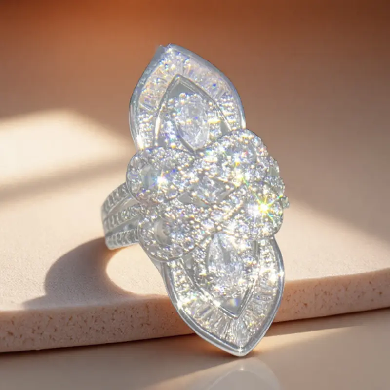 Exquisite Shiny Flower Cubic Zirconia Ring - Women's Bohemian Style Ring - Bridal Engagement Wedding Party Cocktail Statement Jewelry - Daily Casual Luxury Accessory Floral Rings Floral Ring Designs
