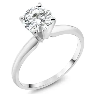 Gem Stone King 14K White Gold White Zirconia Solitaire Engagement 4-Prong Ring For Women | 1.50 Cttw | Round 6MM | Gemstone Birthstone