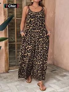 Women's Leopard Print Wide Leg Jumpsuit, Scoop Neck, Sleeveless, Adjustable Tie Shoulder Straps, Side Seam Pockets, Loose Full Length Cut, Lightweight Draped Woven Fabric, Daily Casual Vacation Beach Commute Weekend Outing Wear, Leopard Print Overalls