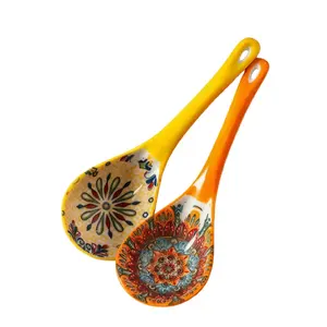 Bohemian Ceramic Soup Spoon Set, Culinary Cutlery, Large Household Serving Spoons, Ramen Soup Spoons, Long Handle Rice Porridge Spoons, Microwave & Oven Safe