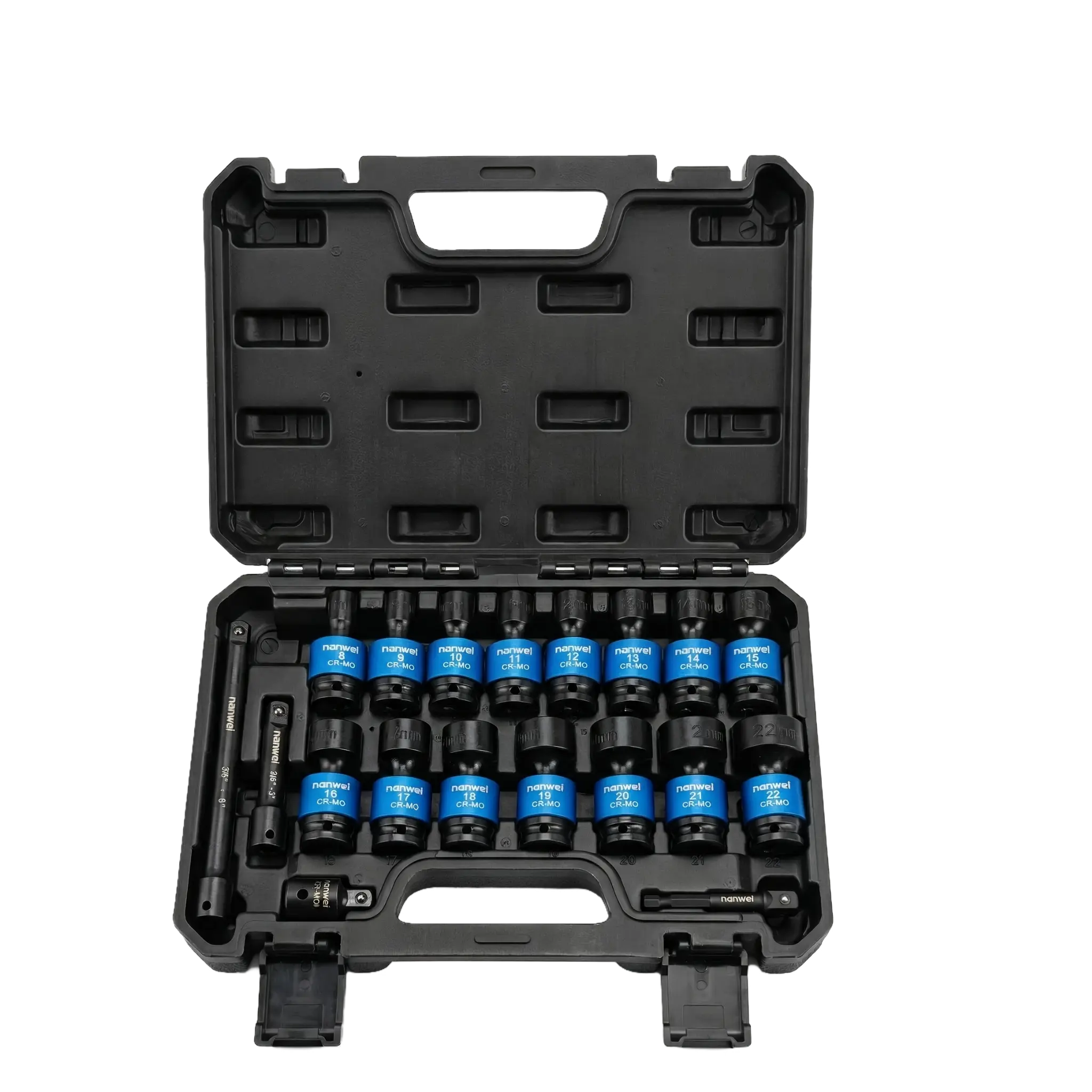 3/8-Drive Shallow Universal Impact Socket Set (1 Set) - Cr-V Steel, 6-Point Metric Swivel Socket, 8-22mm, Flexible Wobble Design, Includes Extension Bars and Adapter