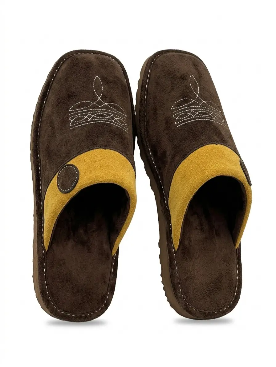 Men's Chic Slip-On Cowboy-Inspired Faux-Suede Home Slippers - Boot Stitch, Square Toe, Memory Foam, Indoor-Outdoor EVA Sole, Bedroom Slippers (Ideal for Father’s Day)