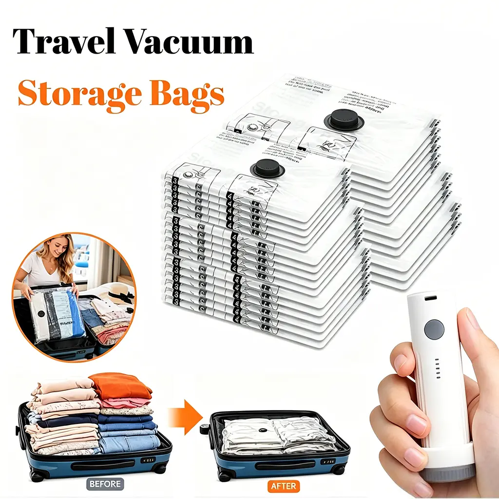[2026 Upgraded] Travel Vacuum Storage Compression Bag Set with Rechargeable air Pump 15 Pack Waterproof &Reusable Compression Packing Bags for 3Size, 140L/Min Powerful Air Removal,Perfect for Carry-On Suitcases Summervibes Organiser